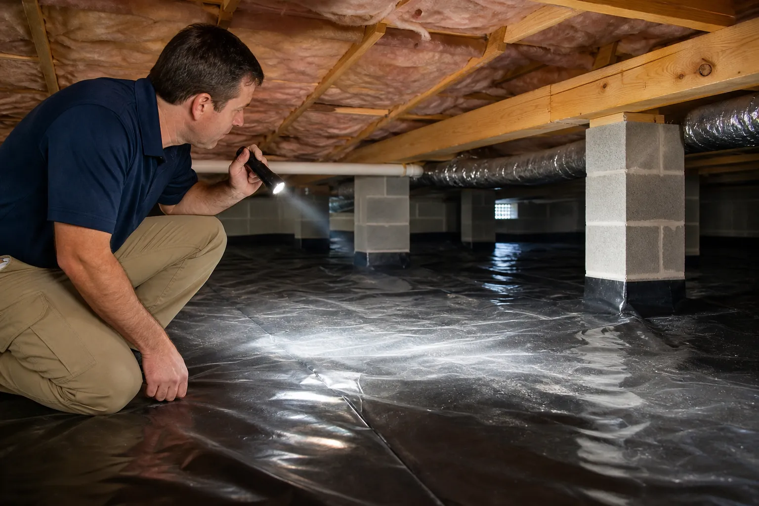 A man crouches with a flashlight over a black crawl space vapor barrier beneath insulated joists, ducts, and concrete piers.