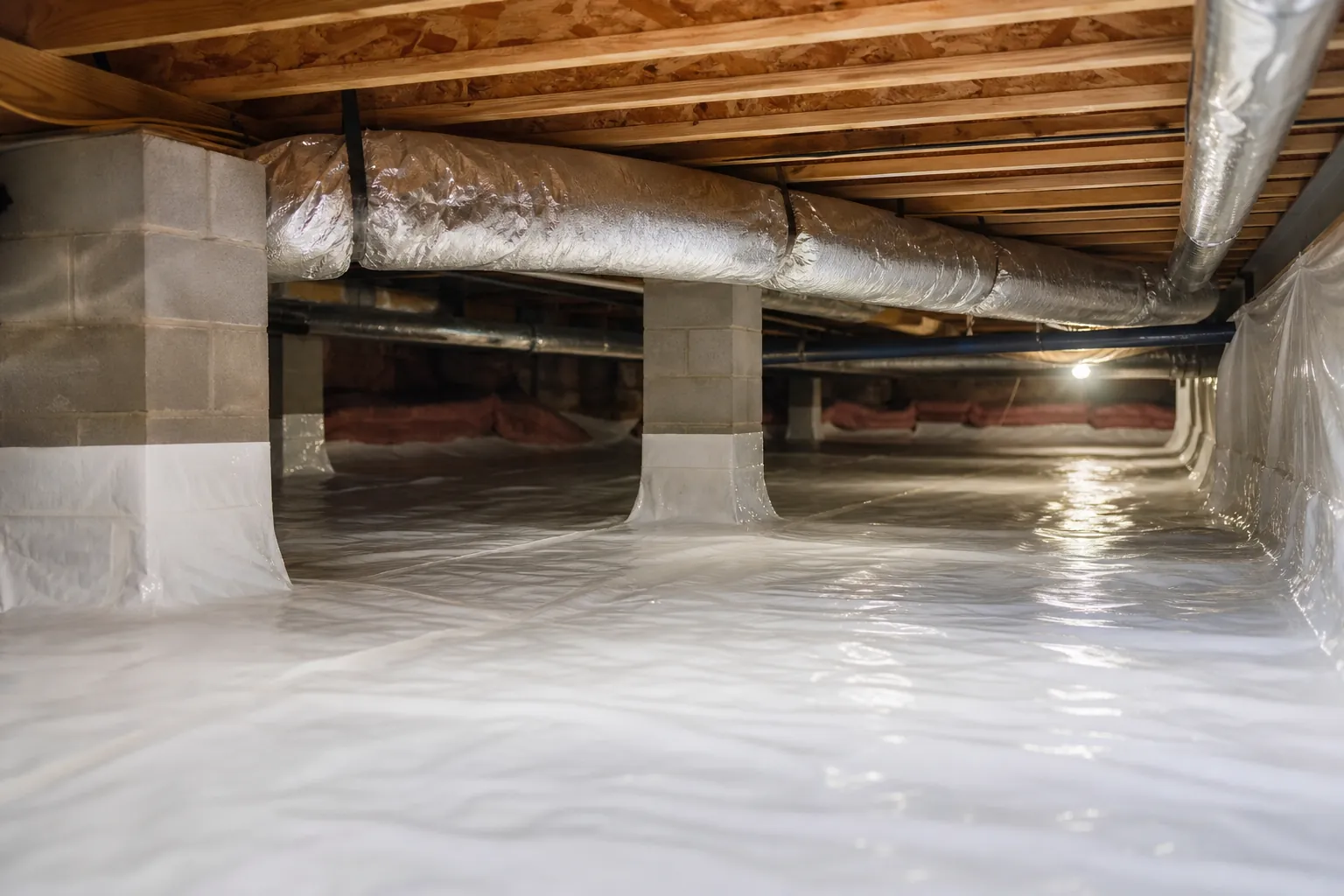 Editorial illustration of What a crawl space vapor barrier does in North Carolina