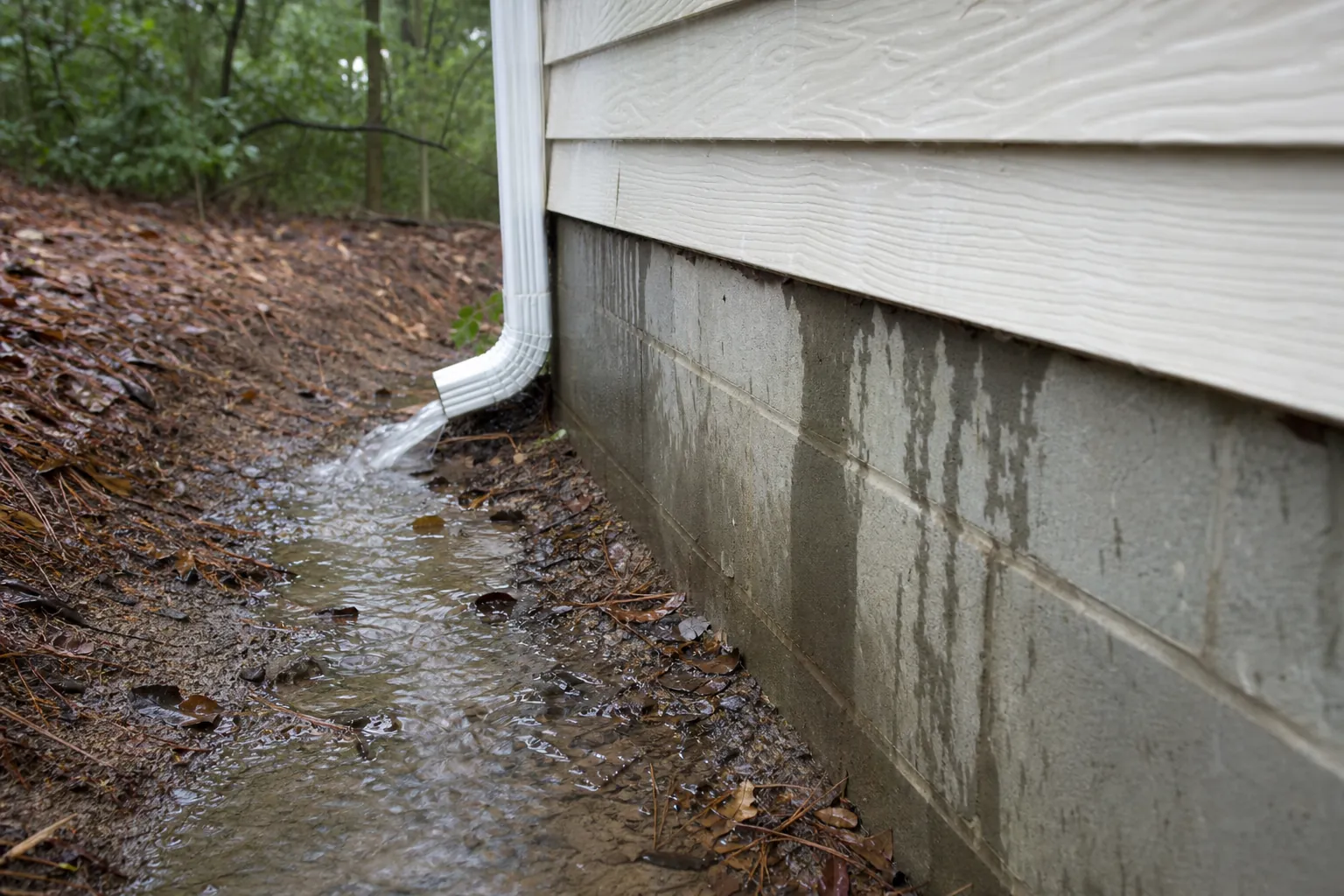 Rainwater pours from a downspout into pooled runoff beside a wet concrete block crawl space foundation wall.