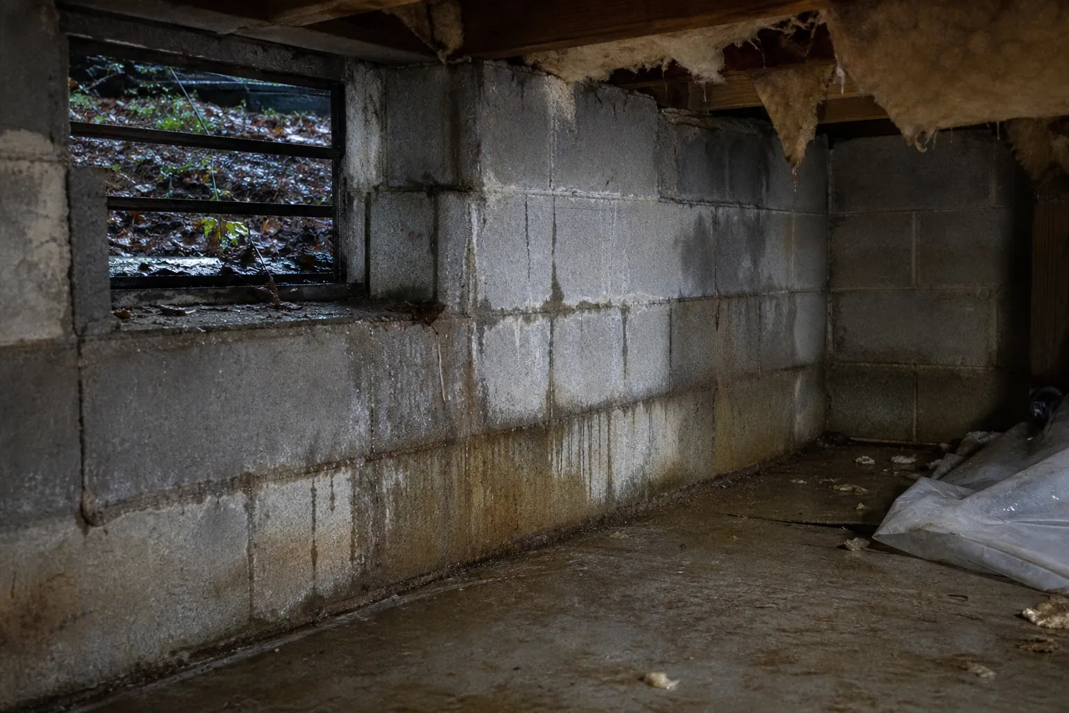 Wet streaks and damp stains cover concrete block walls beneath a vent in a low crawl space after rain.