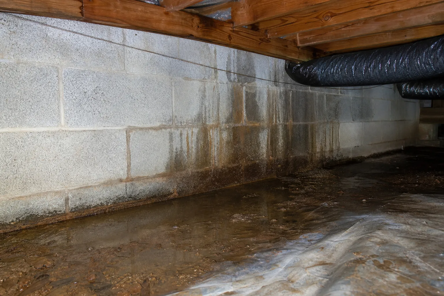 Water stains and pooling along a concrete block crawl space wall beneath wood floor joists and black ductwork.