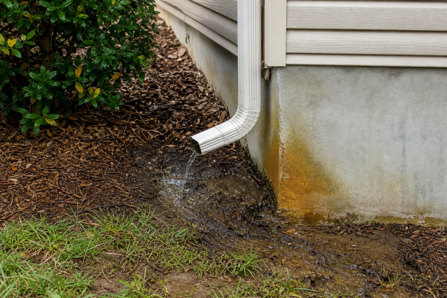 Downspout draining beside a stained foundation corner, creating muddy standing water near the crawl space.