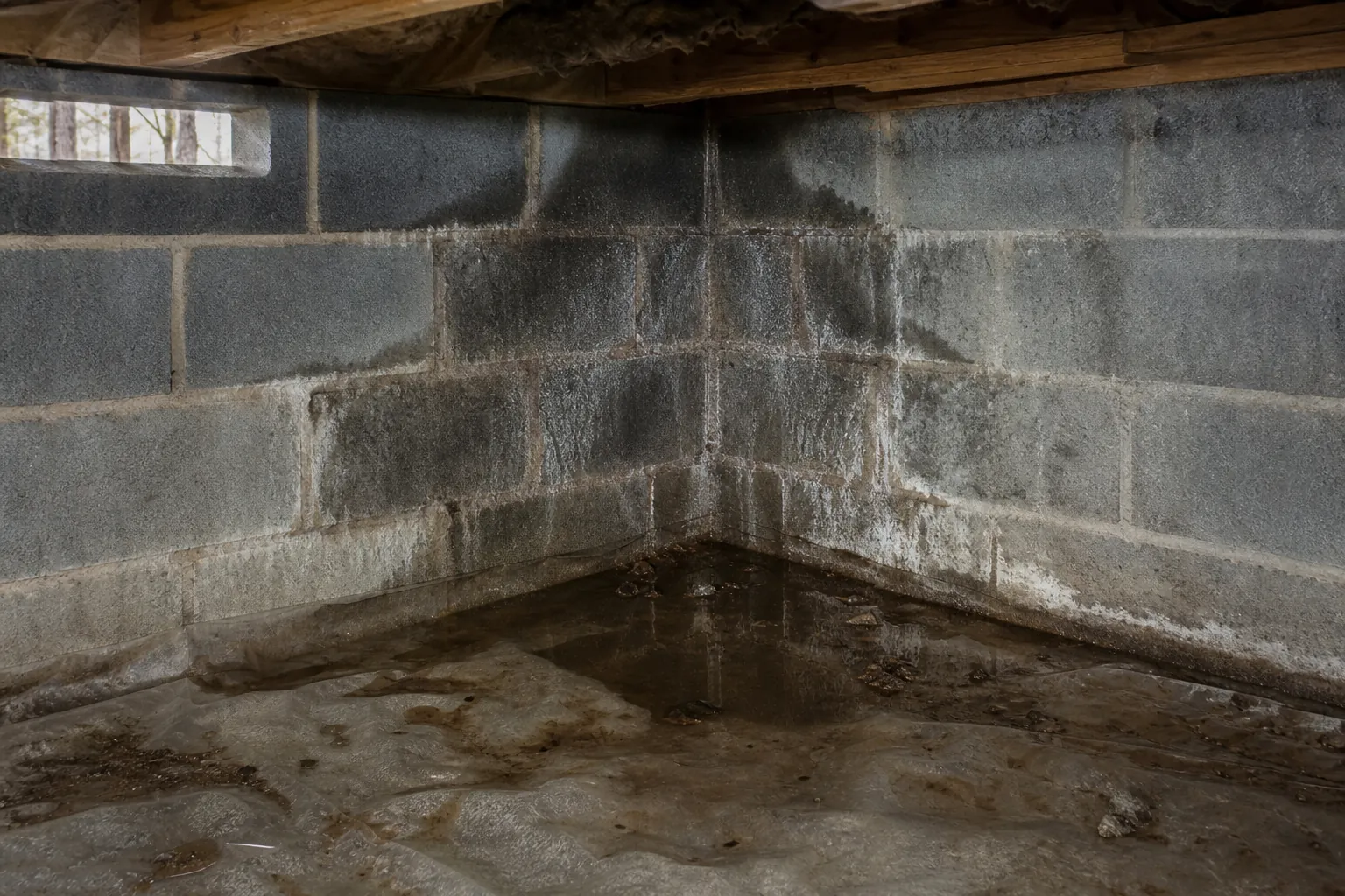 Standing water pooled at the corner of a damp concrete block crawl space beneath exposed wooden floor joists.