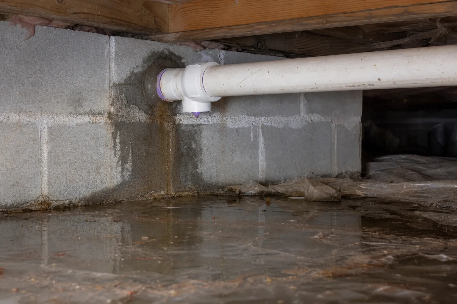Standing water beneath a PVC pipe penetration in a concrete block crawl space wall, with damp staining around the opening.
