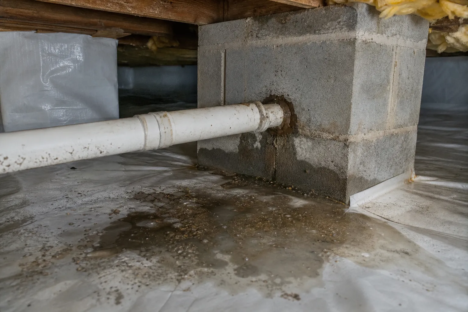Standing water surrounds a white plumbing pipe penetrating a concrete block pier in a crawl space.