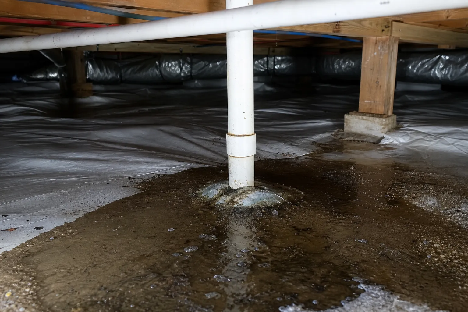 Standing water surrounds a white PVC plumbing penetration over plastic sheeting in a wooden crawl space.