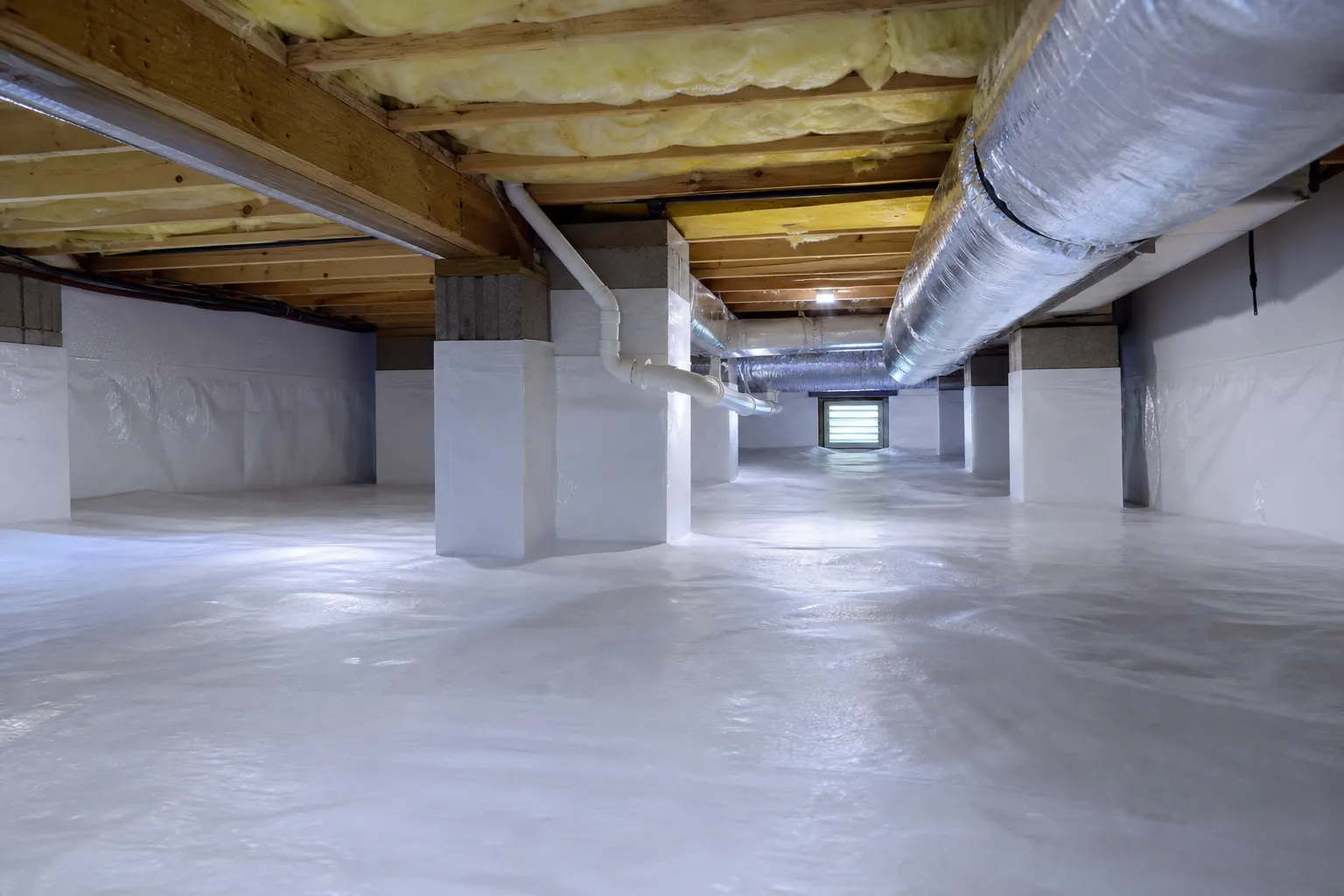 Waterproofed crawl space with sealed white vapor barrier, insulated joists, support piers, pipes, and HVAC ductwork.
