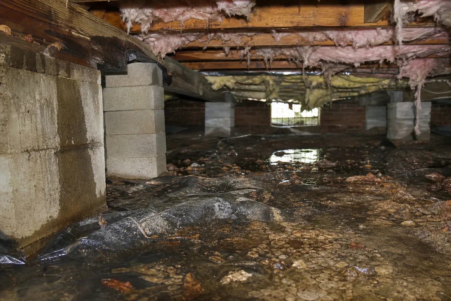 Standing water and damaged insulation beneath floor joists in a wet crawl space with concrete block supports.
