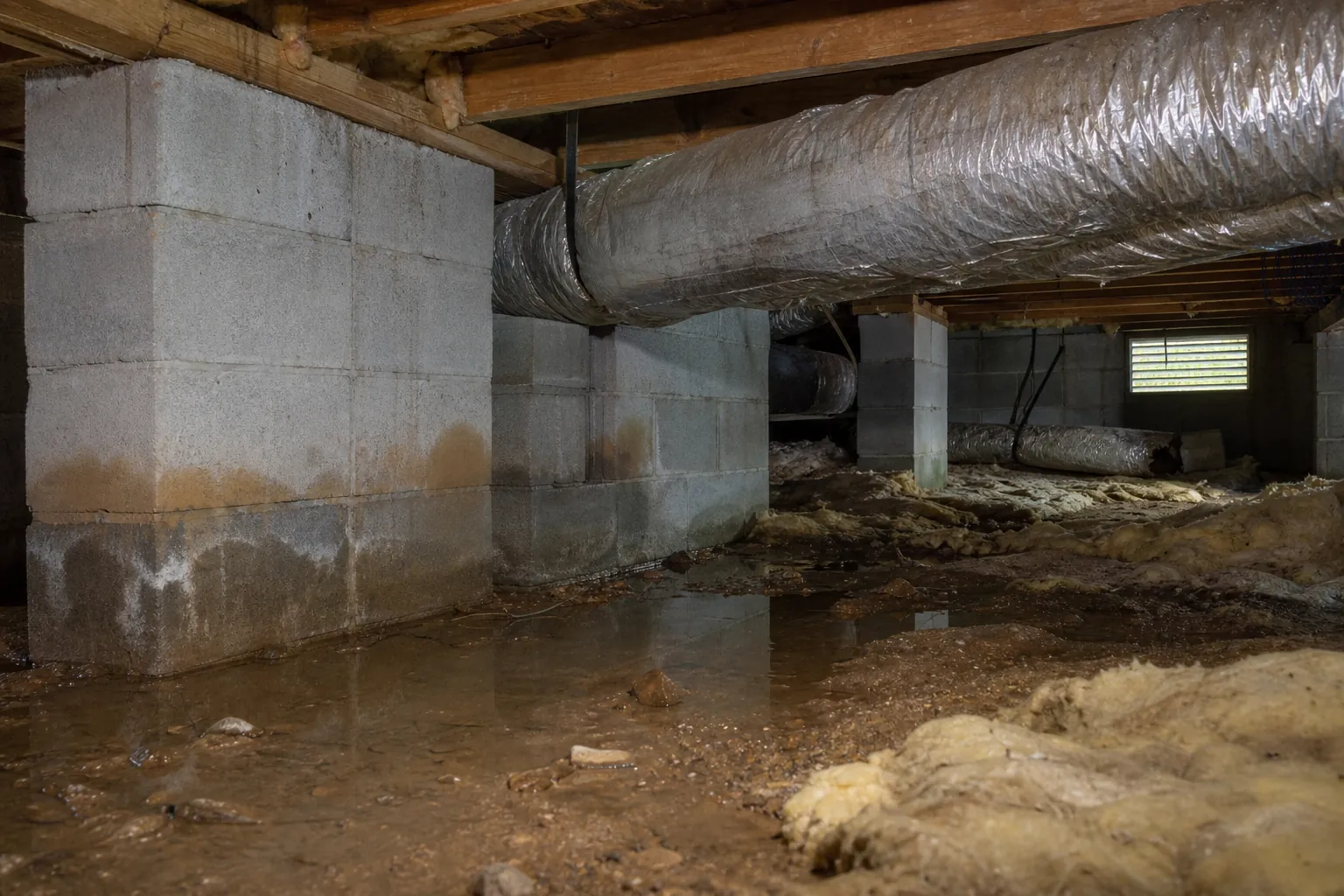 Wet crawl space with standing water, stained concrete piers, exposed insulation, and silver HVAC ducts.