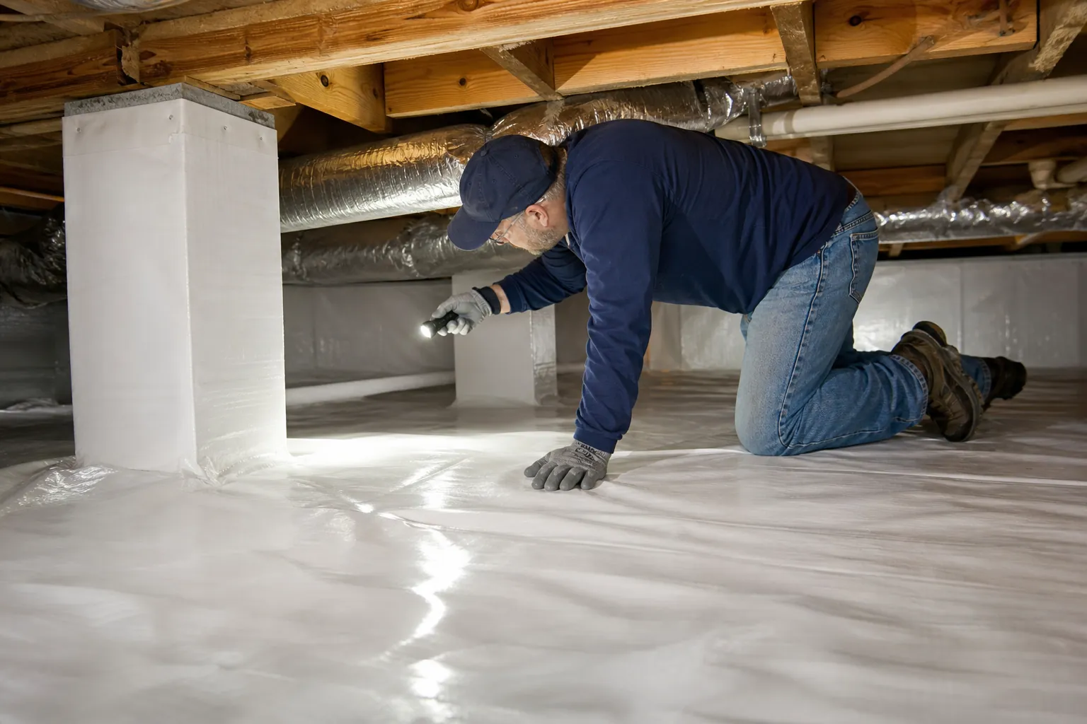 Worker with a flashlight inspects white vapor barrier sheeting in a waterproofed residential crawl space.
