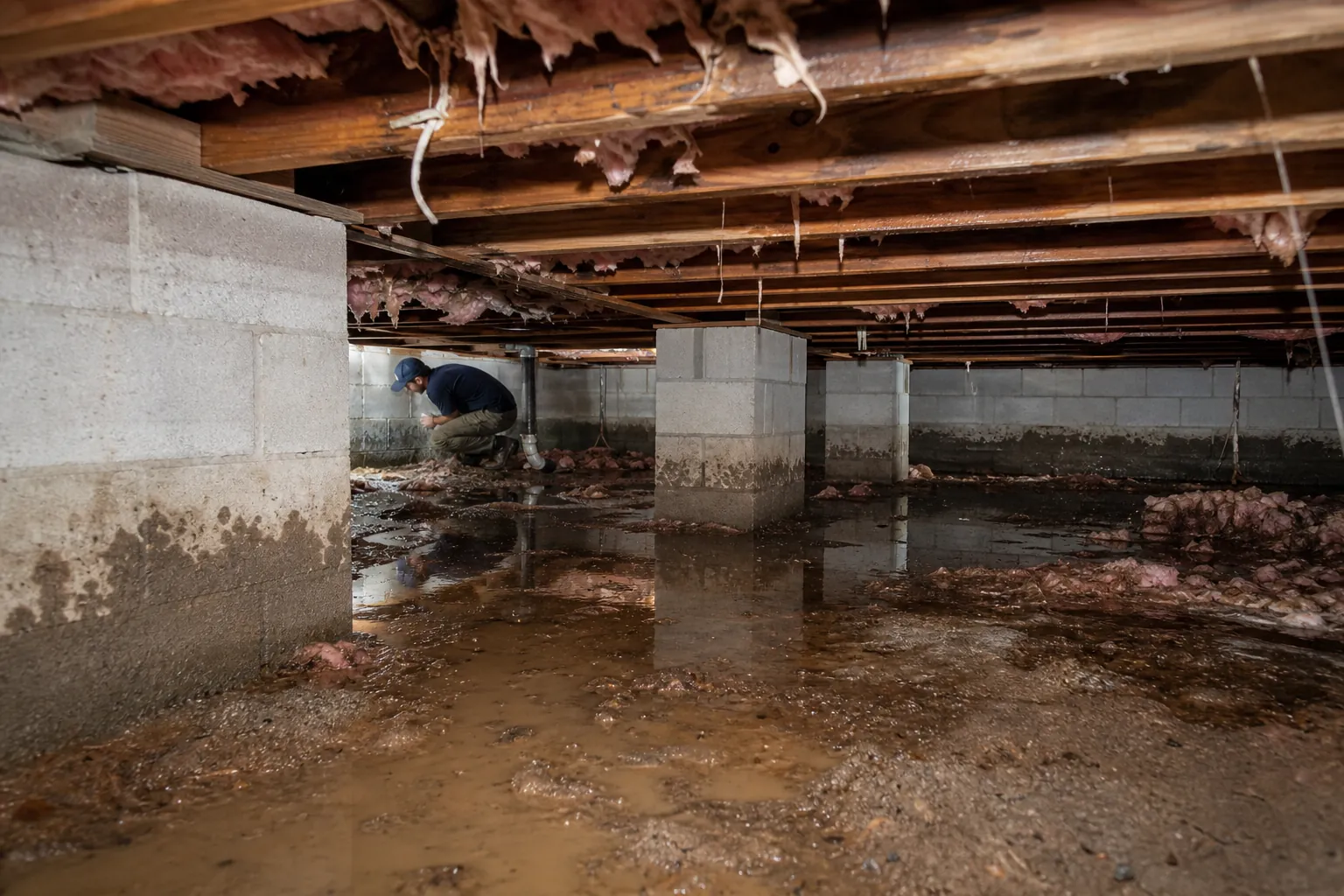 Worker crouches in a flooded crawl space with muddy standing water, damp block supports, and torn insulation.