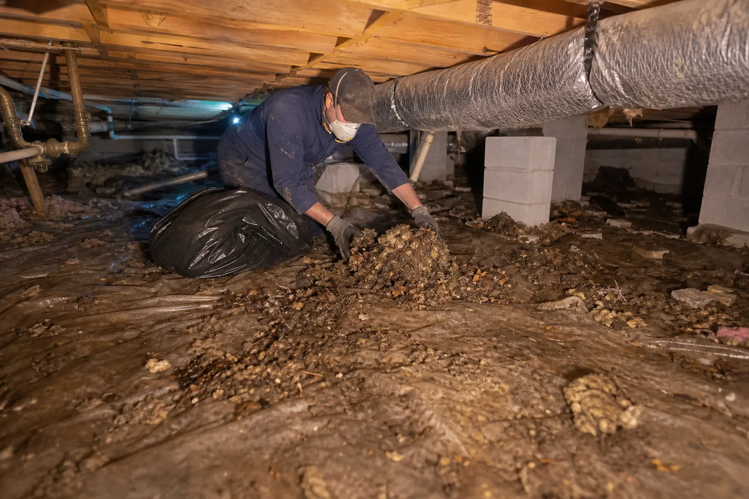 A masked worker wearing gloves gathers debris beside a black trash bag in a dirty crawl space beneath exposed joists and ductwork.