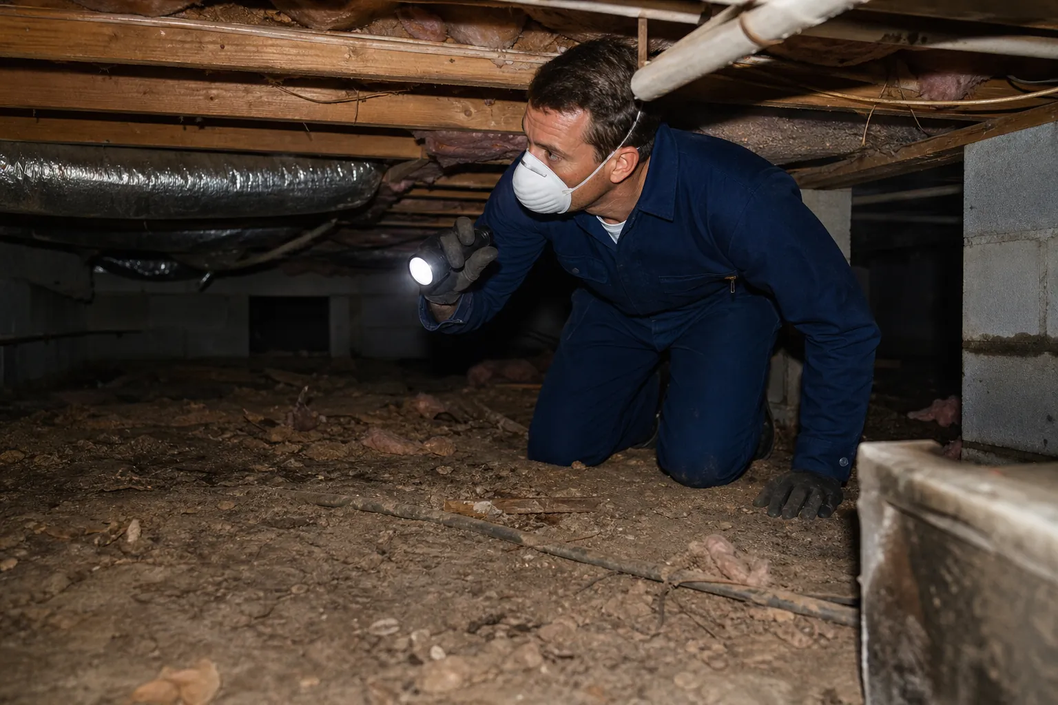 A masked worker kneels on a dirty crawl space floor, using a flashlight to inspect beneath exposed joists, pipes, and ducts.