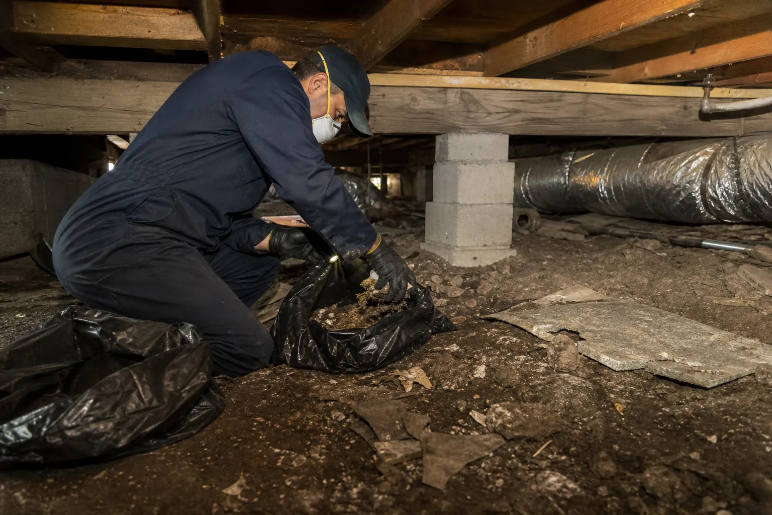 A masked worker in gloves bags debris in a dirty crawl space beneath wooden joists, beside concrete supports and ductwork.