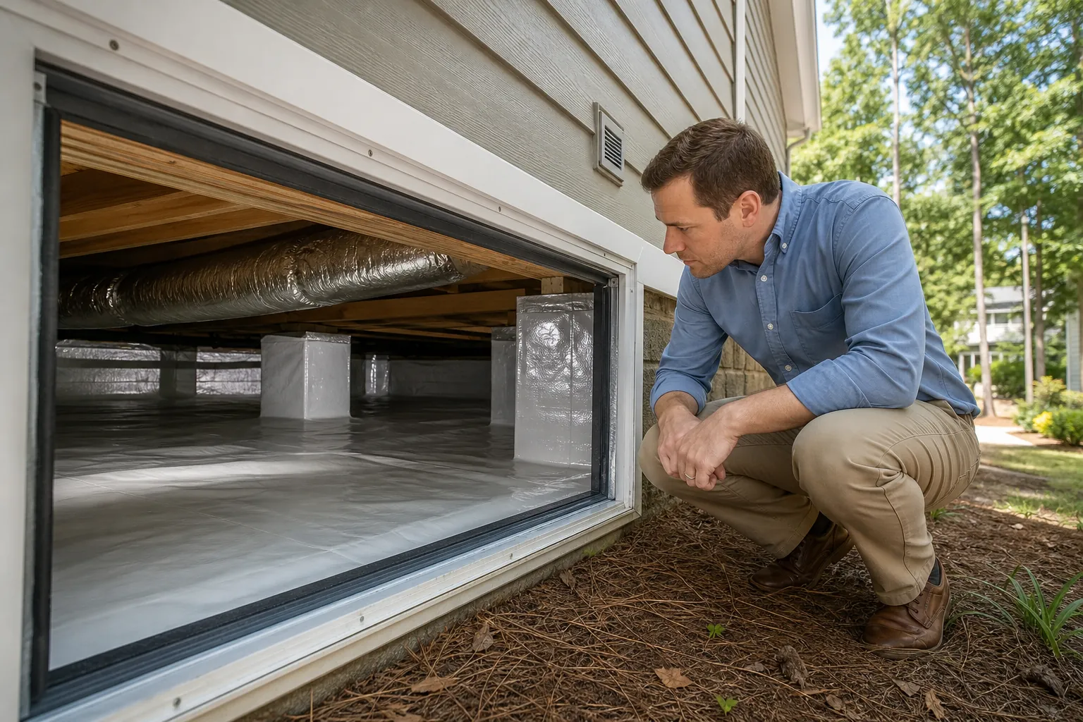 A man crouches beside an open crawl space with white encapsulation liner covering the floor and piers beneath exposed ductwork.