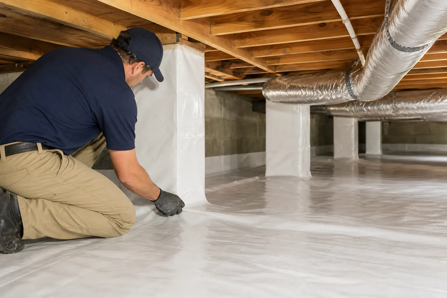 A kneeling worker presses white crawl space encapsulation liner around a support pier beneath wooden joists and silver ducts.