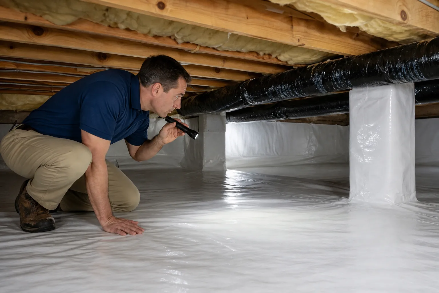 A man crouches with a flashlight in an encapsulated crawl space with white vapor barrier, exposed joists, insulation, and ductwork.