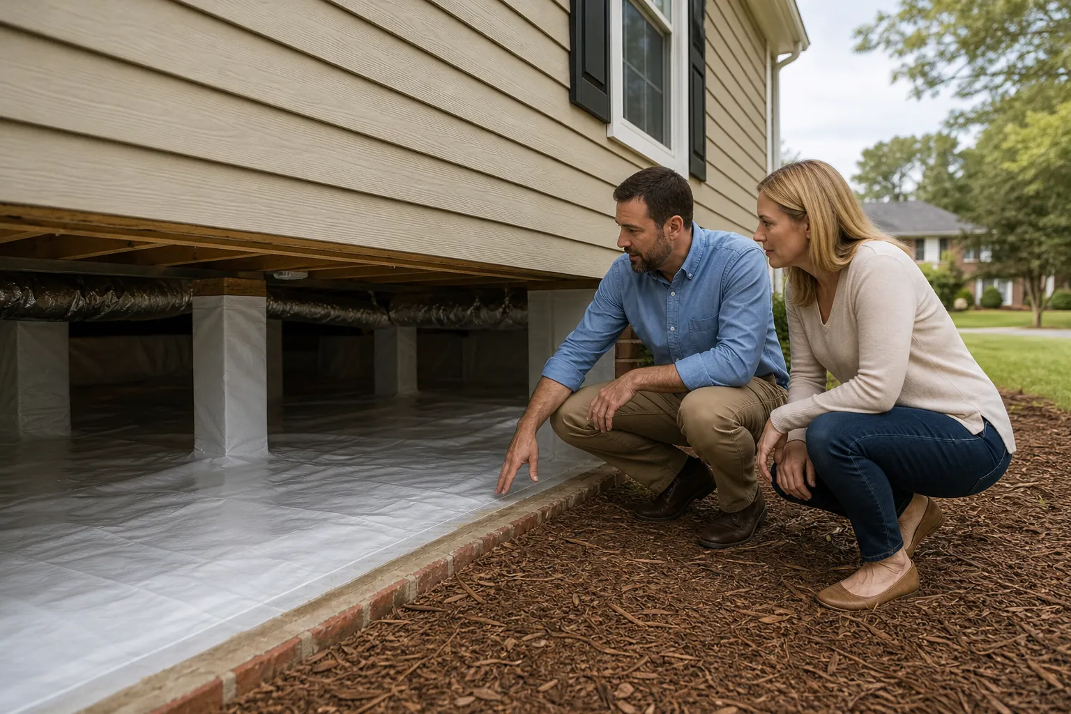 A man and woman crouch beside an open crawl space with white vapor barrier covering the floor and support piers.