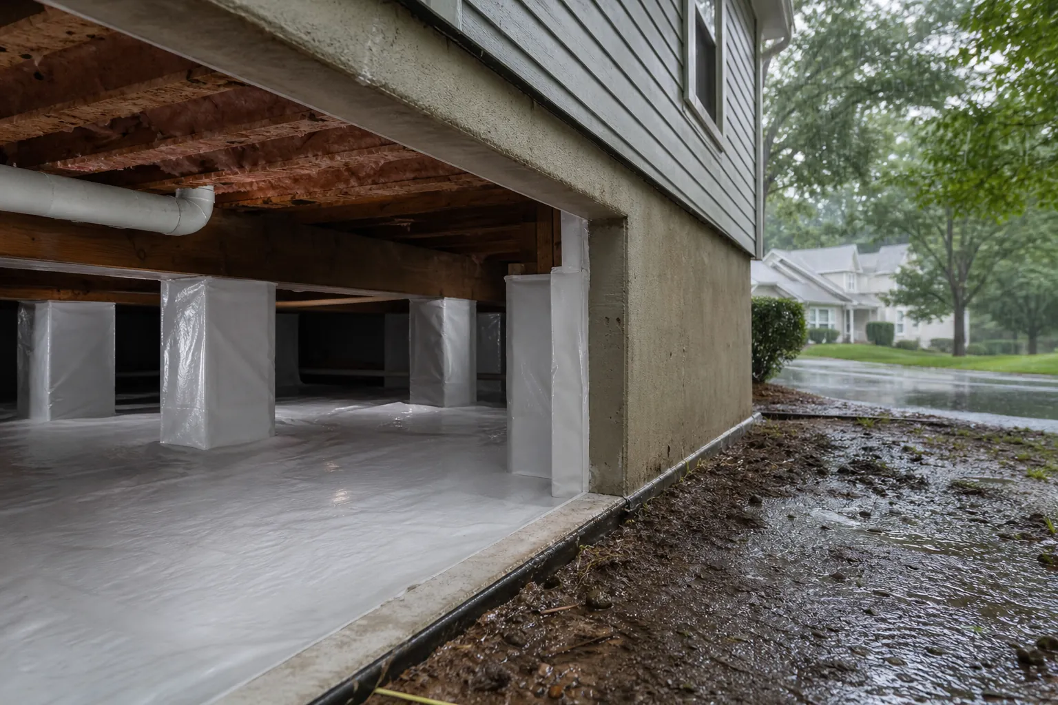 An exposed crawl space with white plastic covering the floor and support piers beside rain-soaked ground and a wet residential street.
