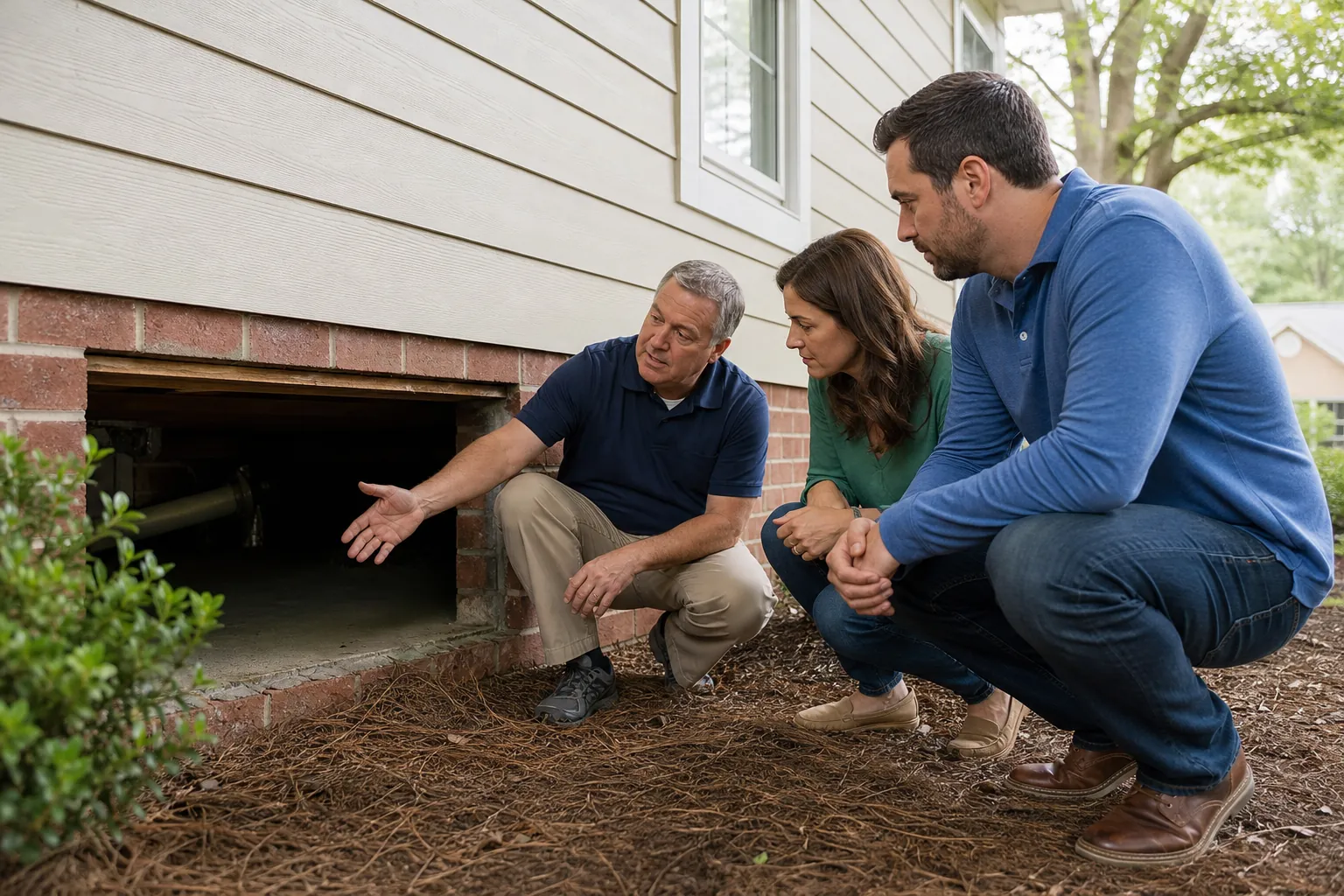 Three adults crouch beside an open crawl space entrance beneath a house as one man gestures toward the dark interior.
