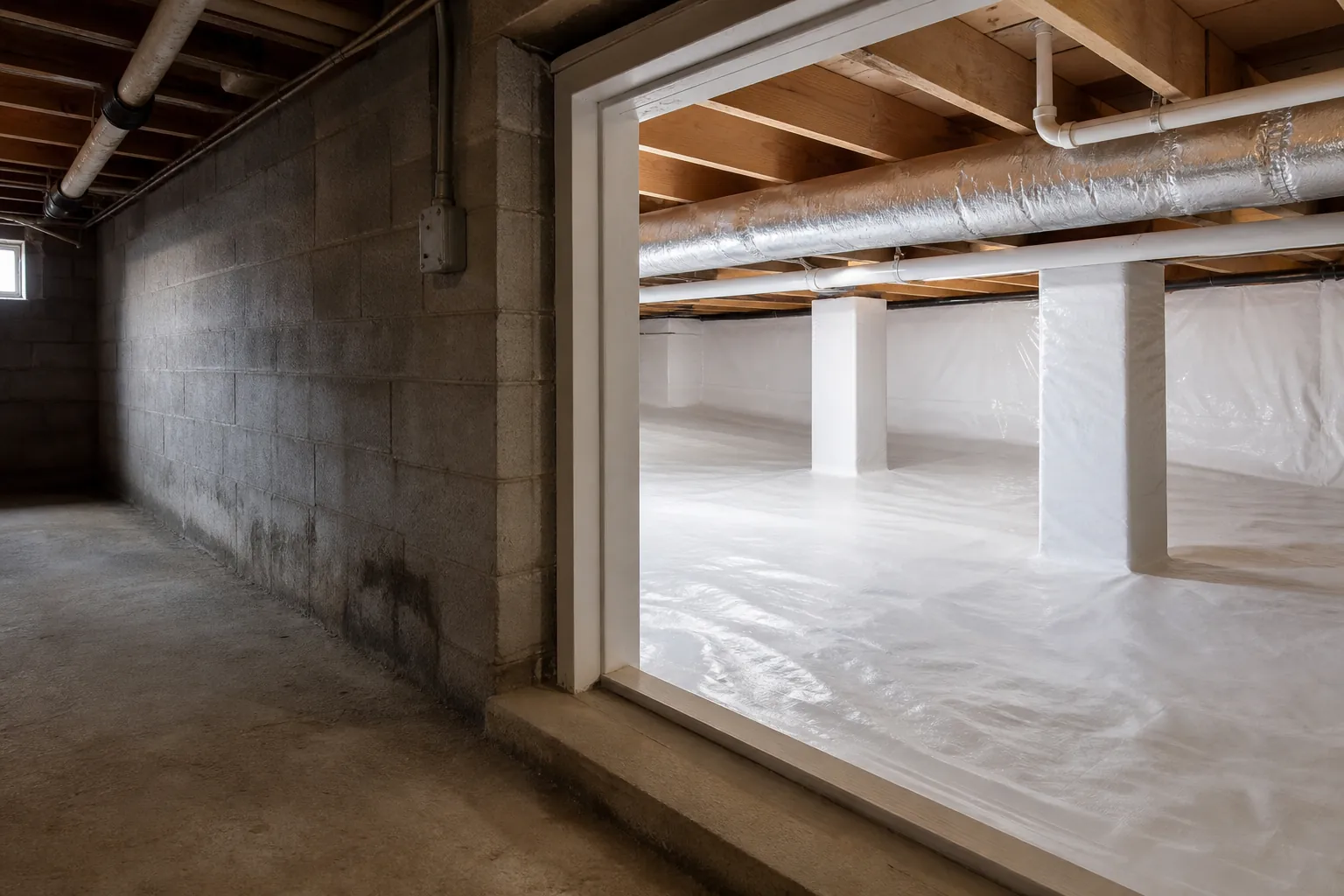 Basement doorway opening into a crawl space lined with white plastic vapor barrier around piers and flooring.