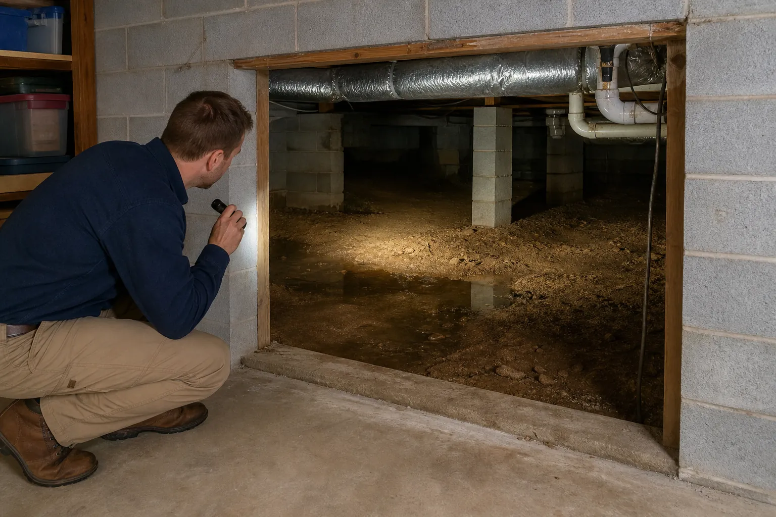 A man with a flashlight inspects standing water and damp soil in a crawl space connected to a block basement.