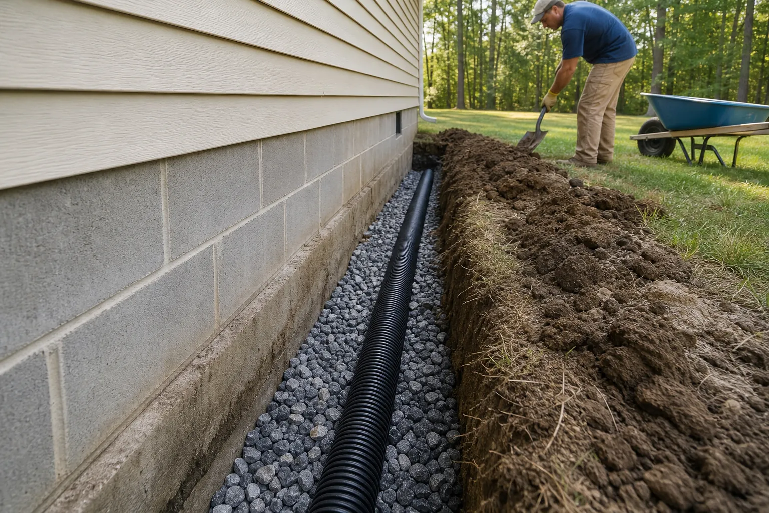A worker shovels beside a gravel-lined French drain trench with black corrugated pipe along a house's block foundation.