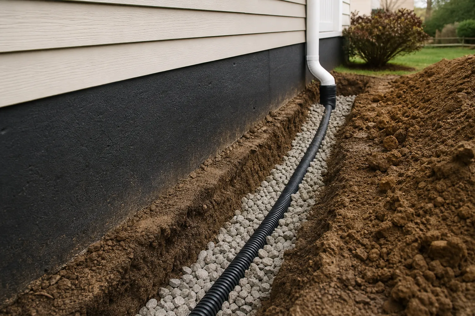 Black corrugated drainpipe runs through a gravel-filled trench beside a house foundation and connects to a white downspout.