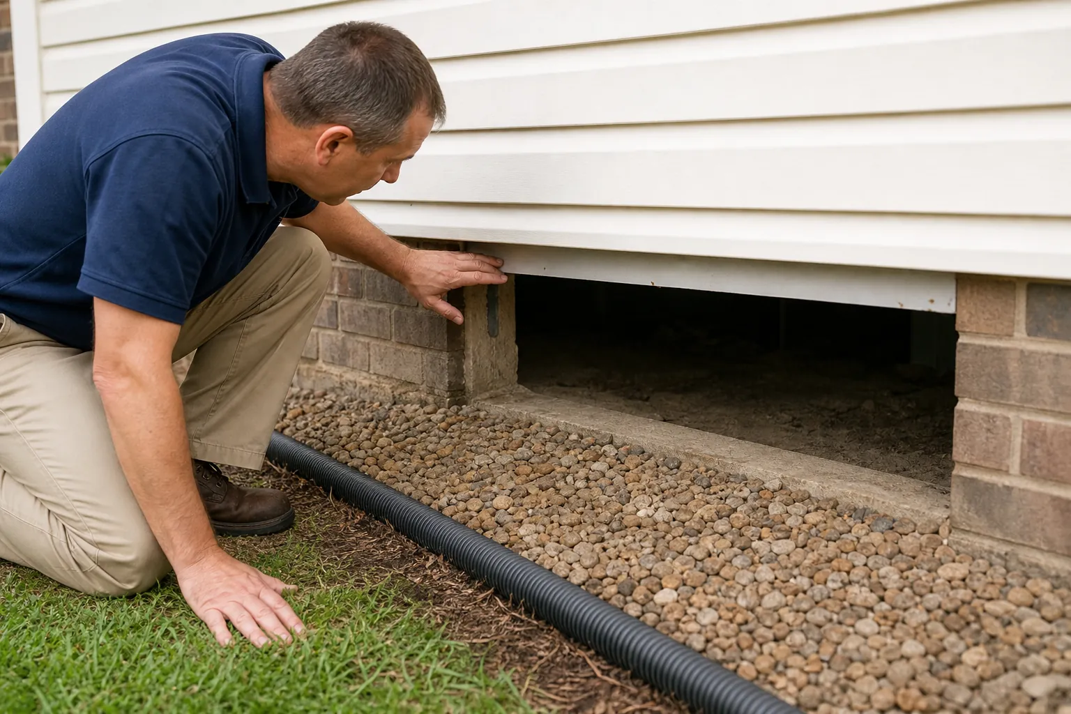 A man kneels beside an open crawl space, inspecting the foundation above a gravel bed and black corrugated drainage pipe.