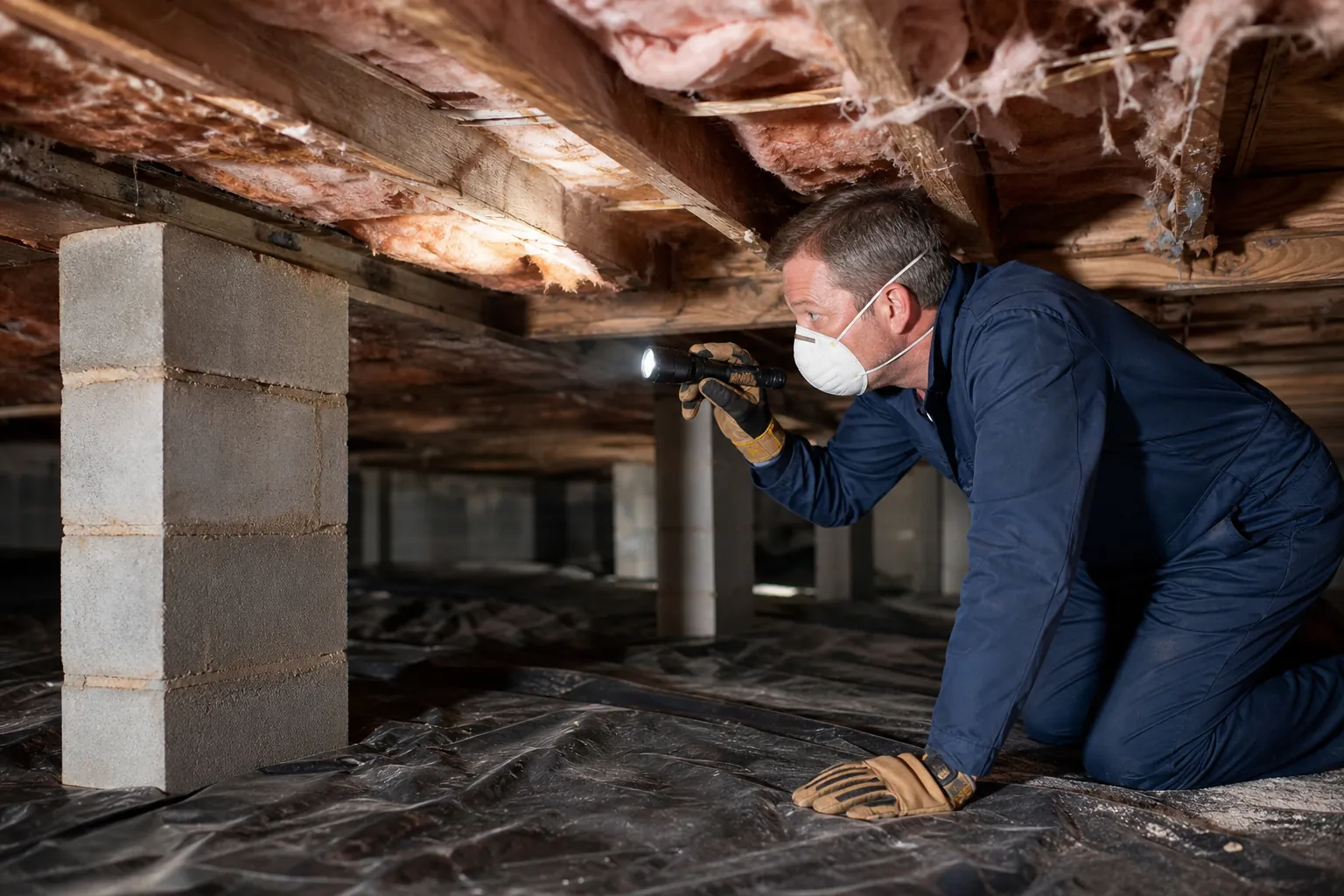 A masked worker kneels on plastic sheeting in a crawl space, using a flashlight to inspect wood beams and hanging insulation.