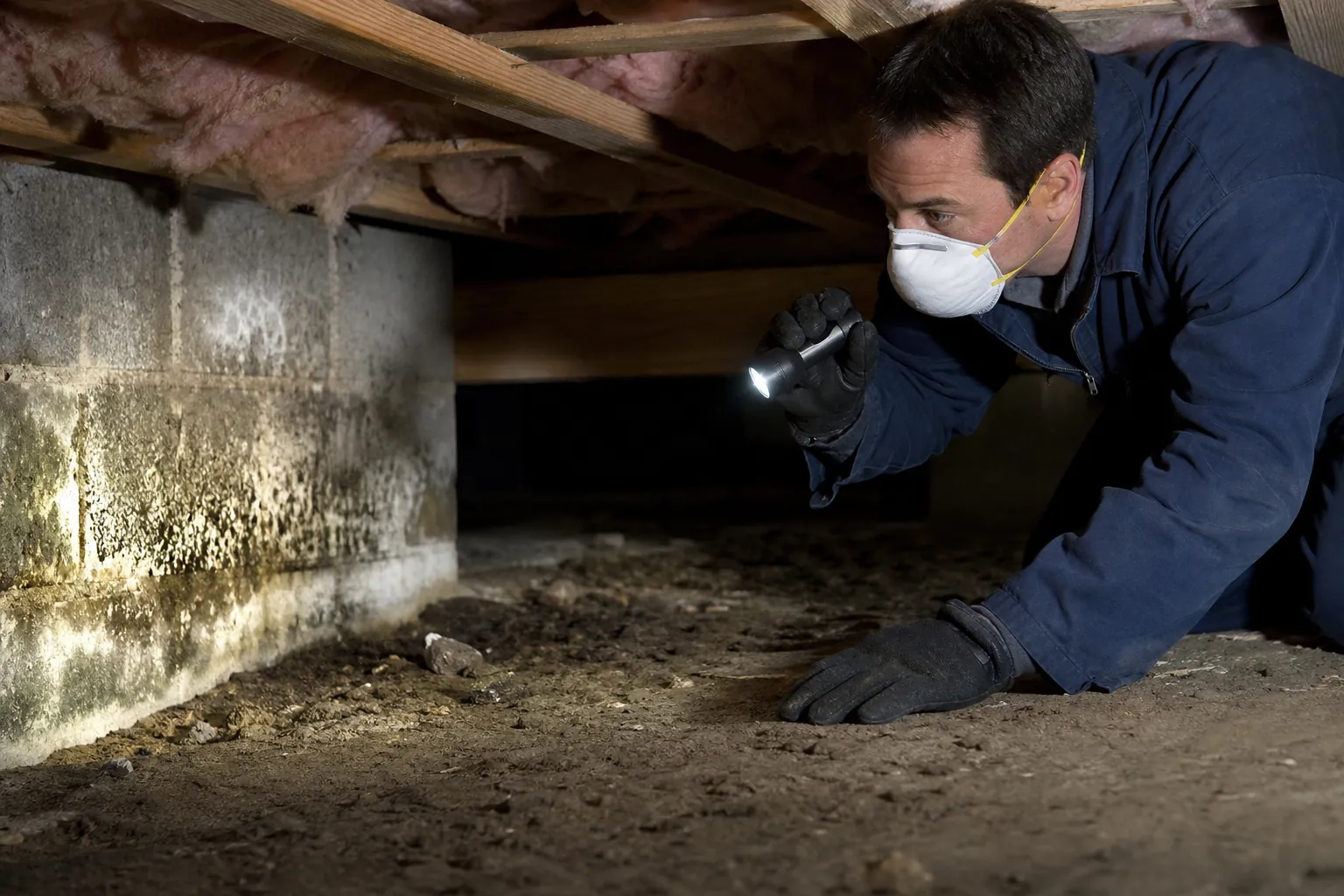 A masked man shines a flashlight on stained concrete blocks in a dirt-floor crawl space beneath exposed joists and insulation.