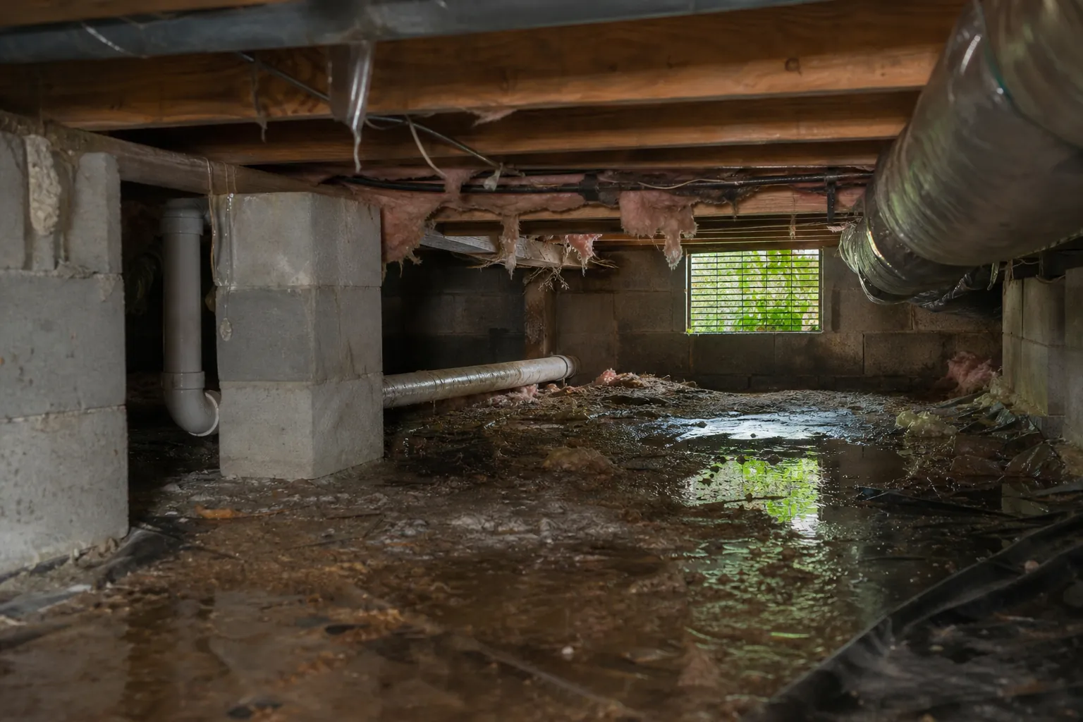Standing water covers a muddy crawl space floor beneath wooden joists, hanging insulation, pipes, and large ductwork.