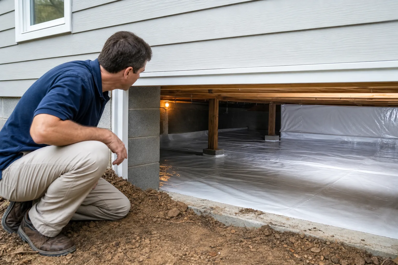 A kneeling man inspects a home's crawl space lined with plastic sheeting across the ground and foundation walls.
