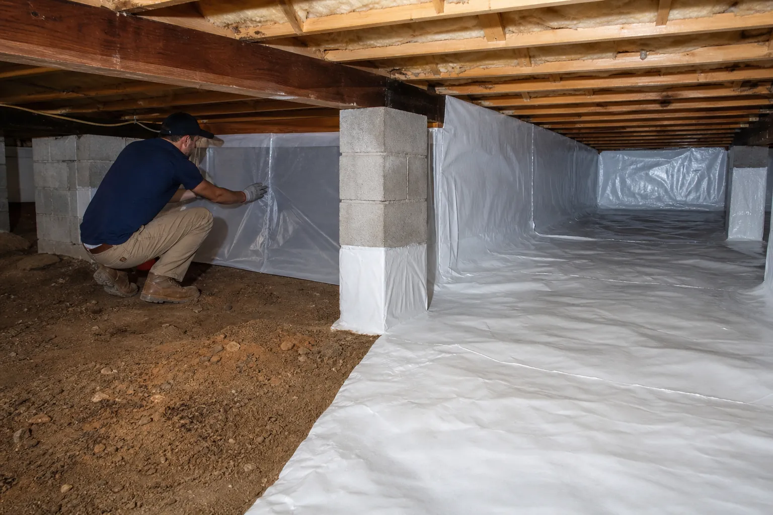 Worker installs a white vapor barrier beside a partially encapsulated crawl space with exposed soil and covered flooring.