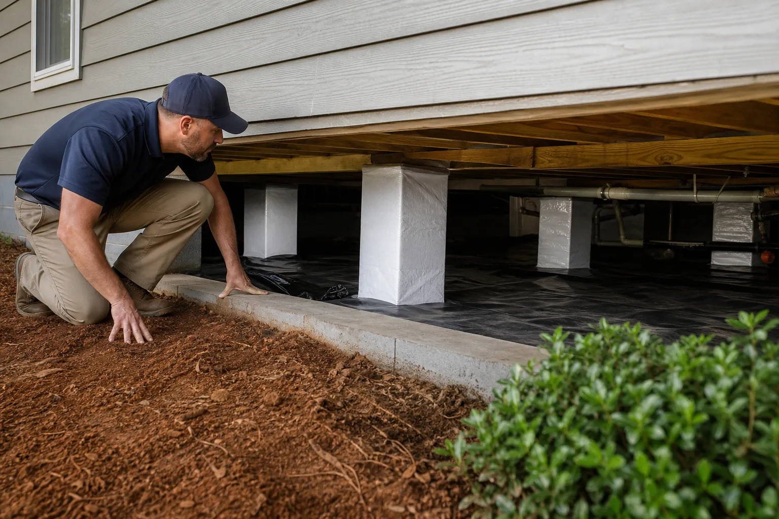 A contractor inspects a home's open crawl space with black ground sheeting, wrapped supports, pipes, and exposed framing.