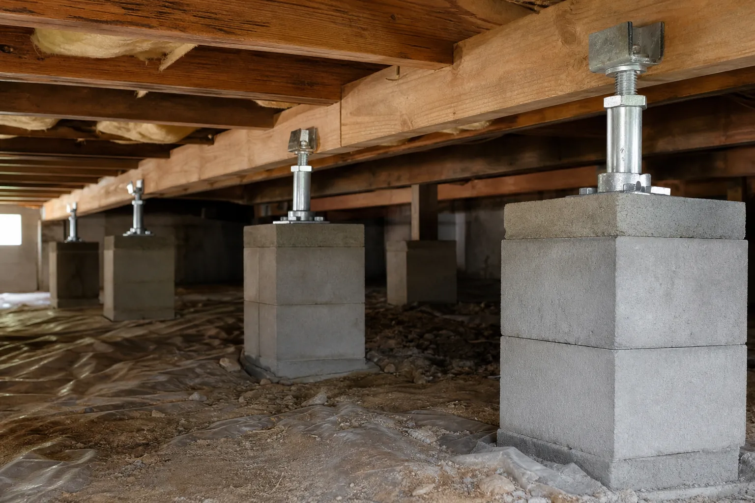 Adjustable metal jacks on concrete block piers support wooden beams in a crawl space with exposed soil and plastic sheeting.