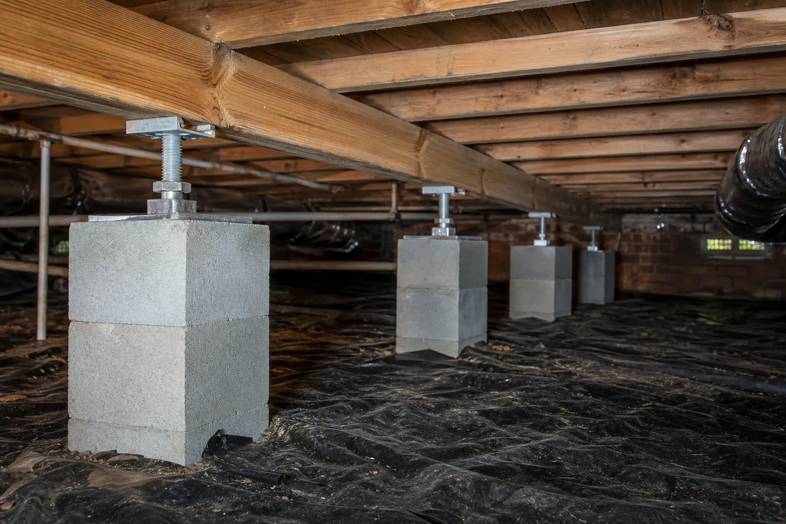 Concrete block piers topped with adjustable steel jacks support a wooden beam above black plastic sheeting in a crawl space.
