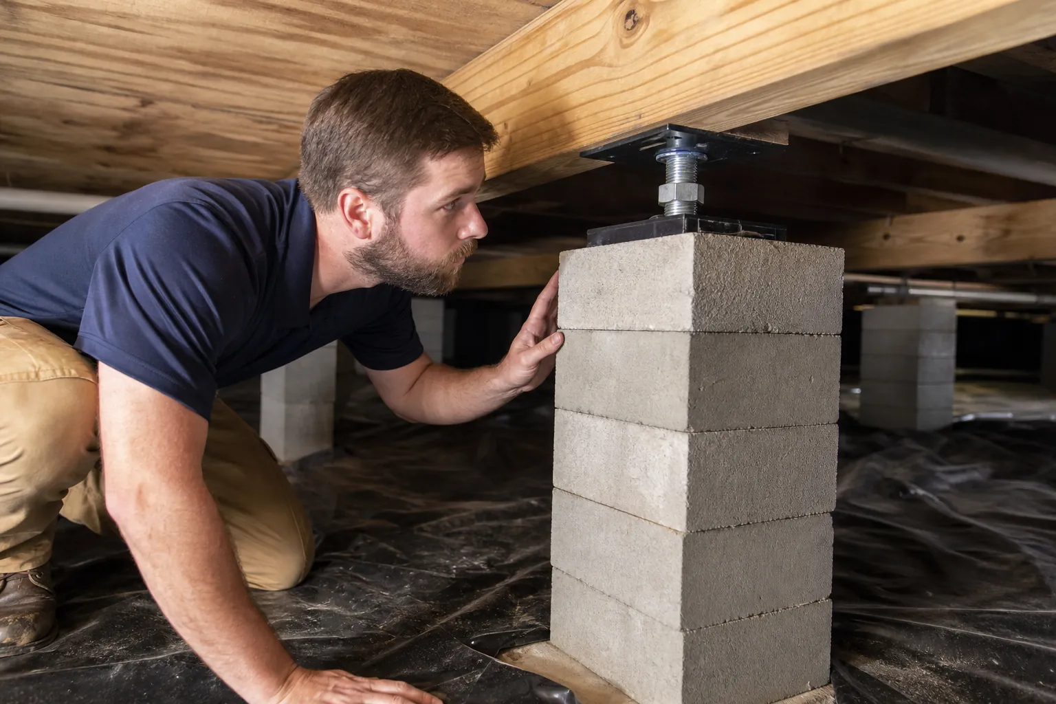 A man crouches beside a concrete block pier topped with an adjustable steel jack supporting a wooden beam in a crawl space.
