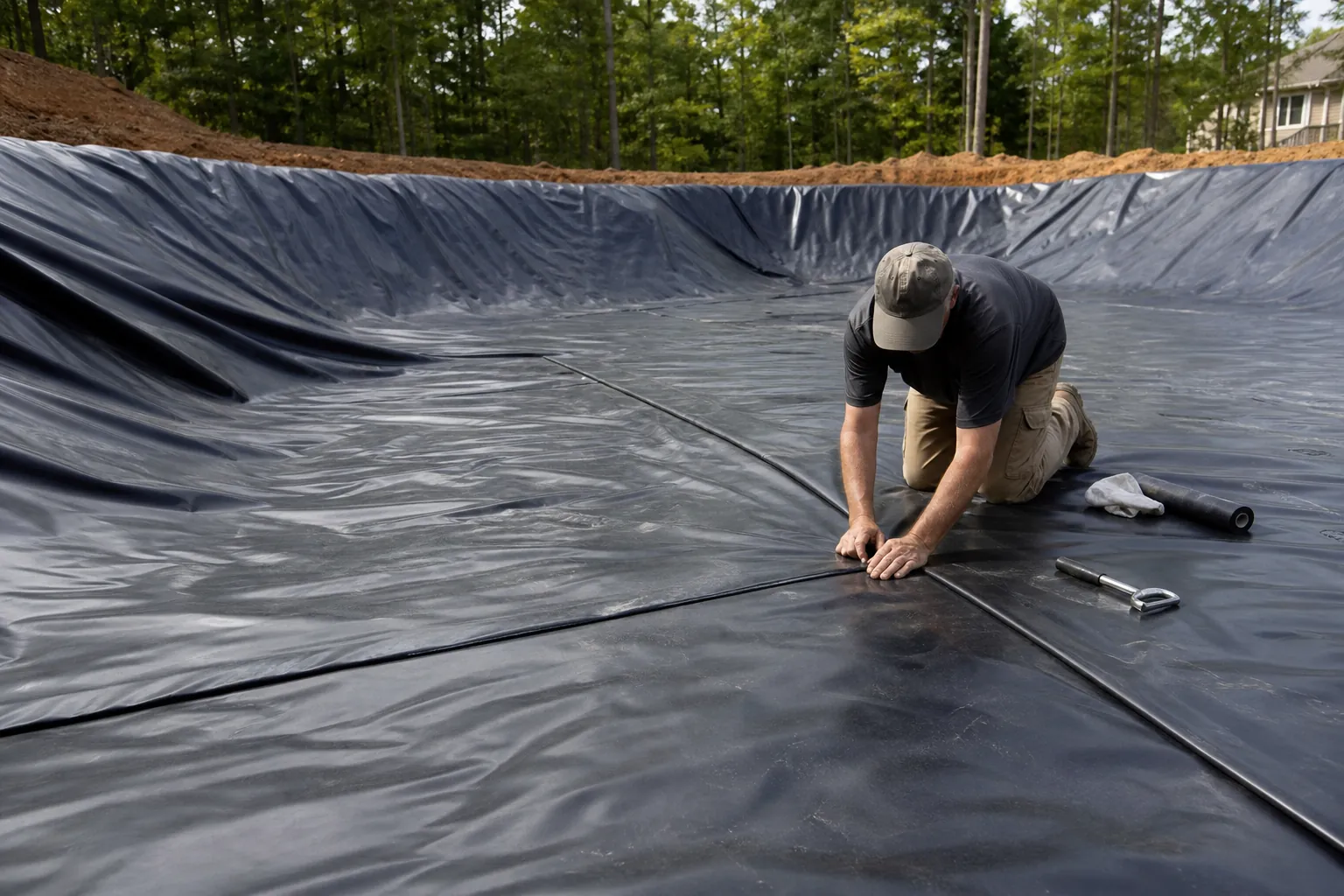 A worker kneels on black poly liner, pressing an overlapping seam inside a large excavated basin with tools nearby.