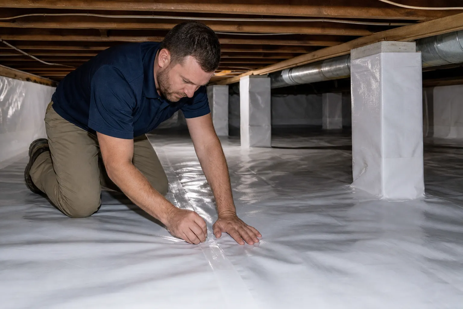 A kneeling worker presses a taped poly liner seam in a crawl space with white-lined floors, walls, and support piers.