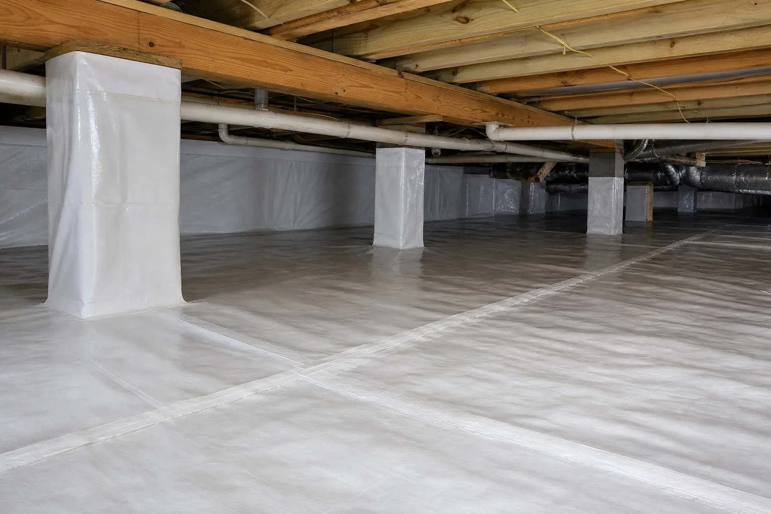 White poly liner covers a crawl space floor, walls, and support piers, with taped seams crossing beneath exposed joists and pipes.