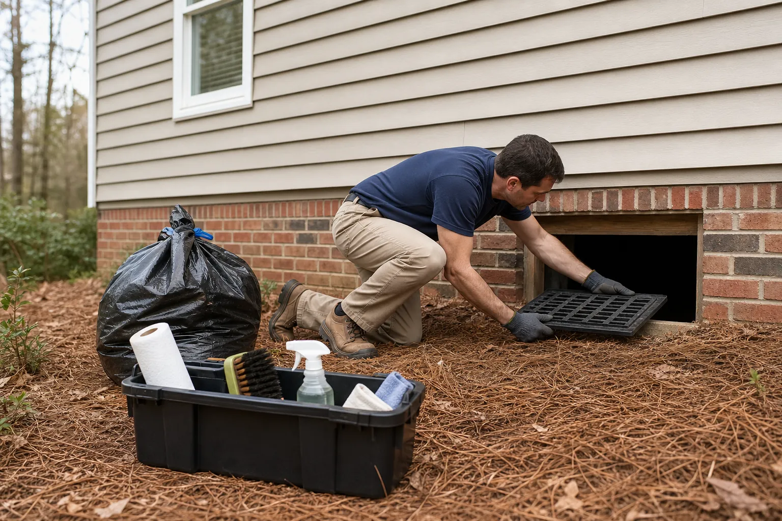 Worker removes a foundation vent cover beside cleaning supplies and a trash bag while preparing access to a home's crawl space.
