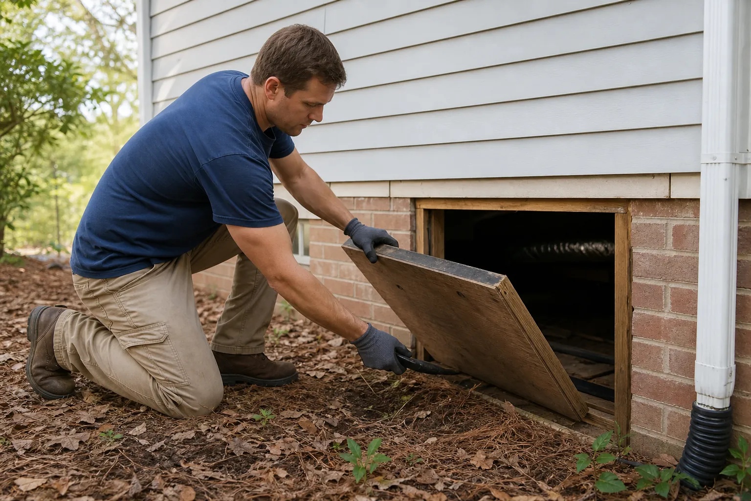A kneeling man opens a wooden crawl space access door in the brick foundation of a home with gray siding.