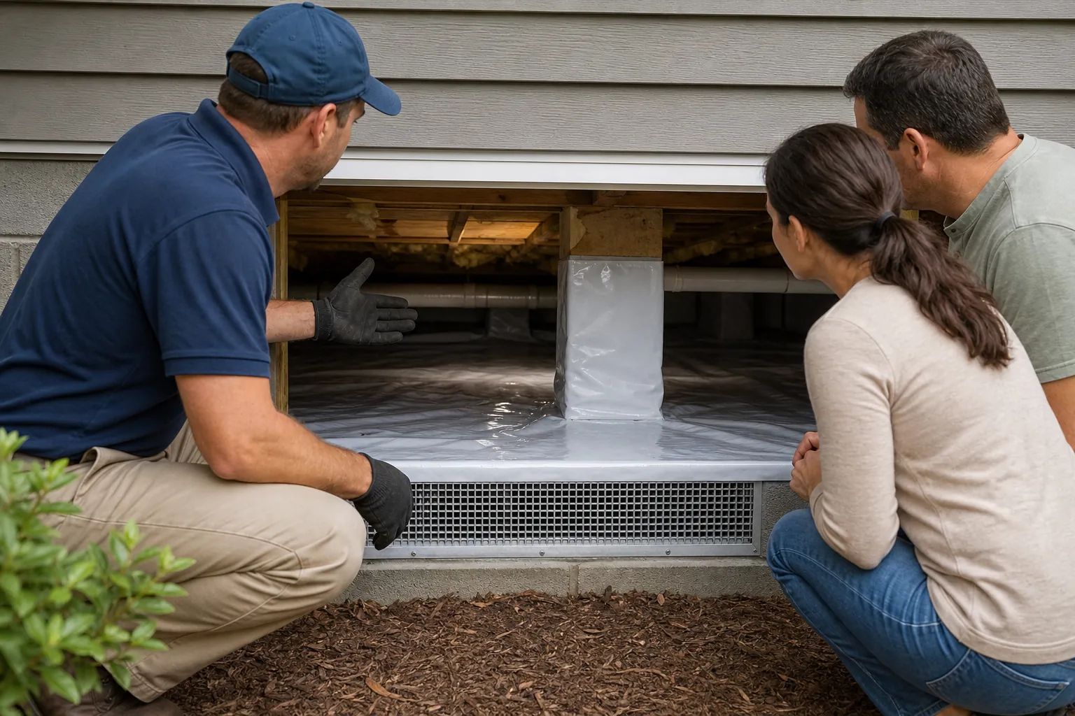 A contractor shows two homeowners plastic sheeting and a sealed support pier inside an encapsulated crawl space.