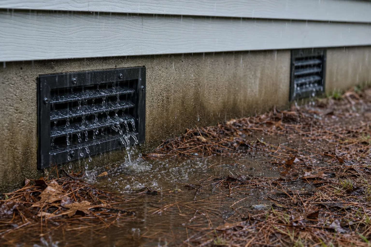 Editorial illustration of Why Does Rainwater Enter My Crawl Space Through Foundation Vents? in North Carolina