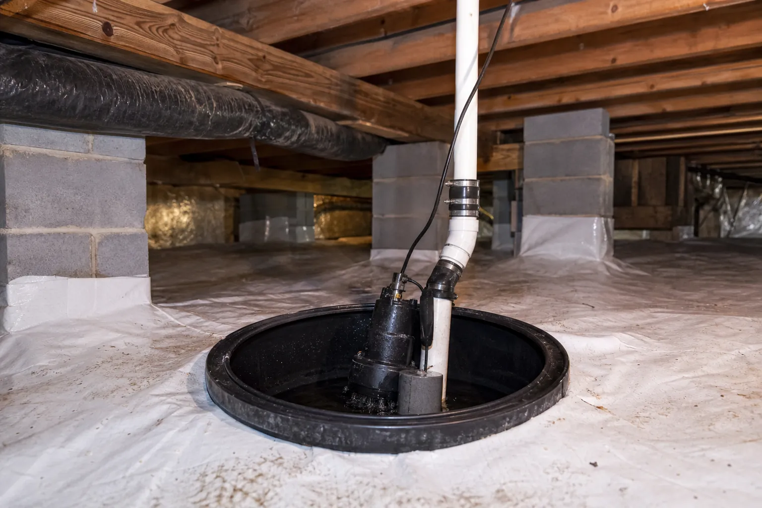 Sump pump in an open black basin with a white discharge pipe in a crawl space lined with white vapor barrier.