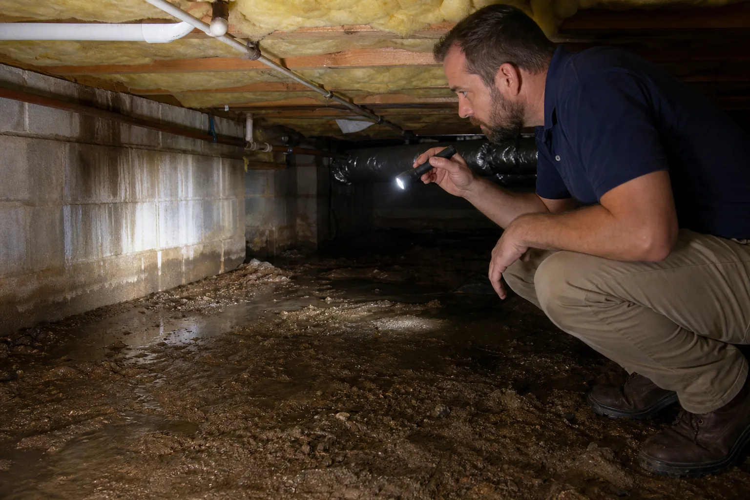 A crouching man uses a flashlight to inspect a stained block wall and standing water on the muddy floor of a crawl space.