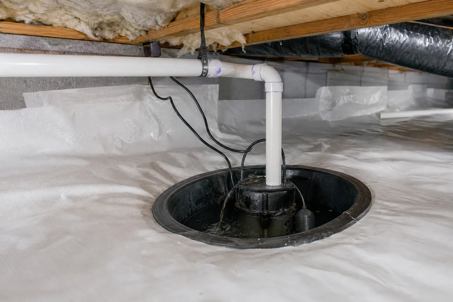 Sump pump in an open black basin with a white PVC discharge pipe in a crawl space lined with a white vapor barrier.