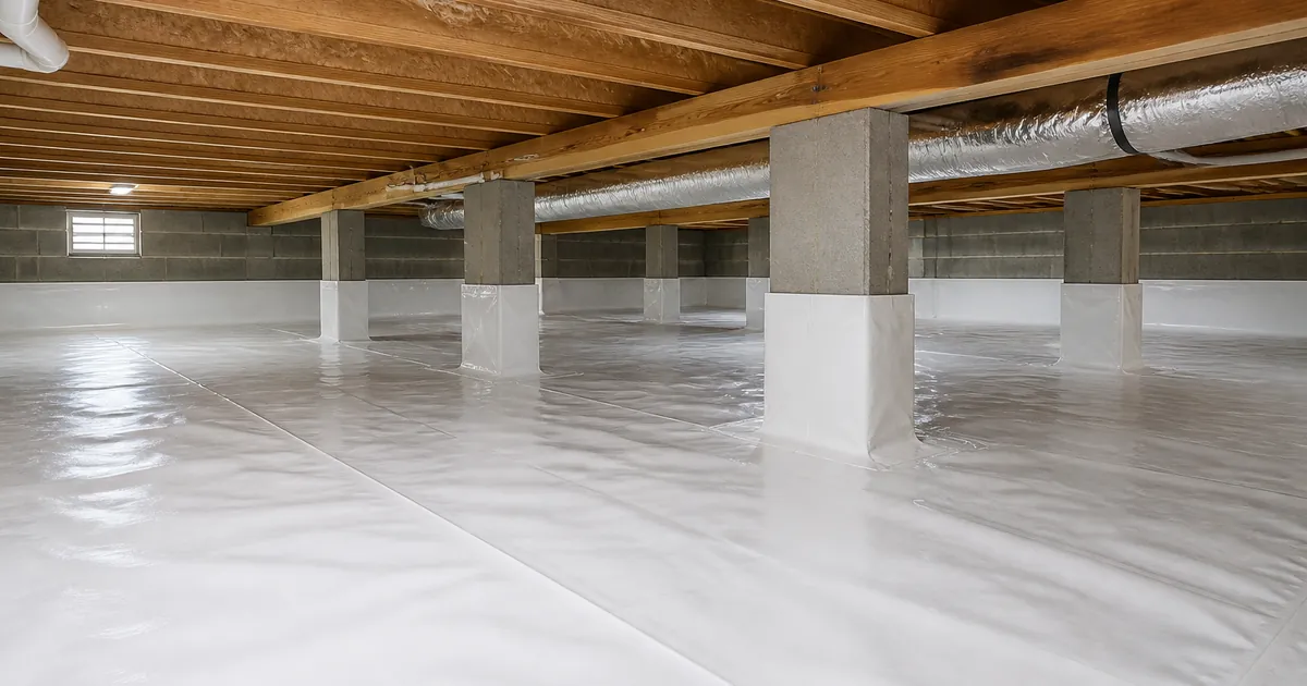 White vapor barrier covering a crawl space floor and pillar bases beneath wooden joists and silver ductwork.