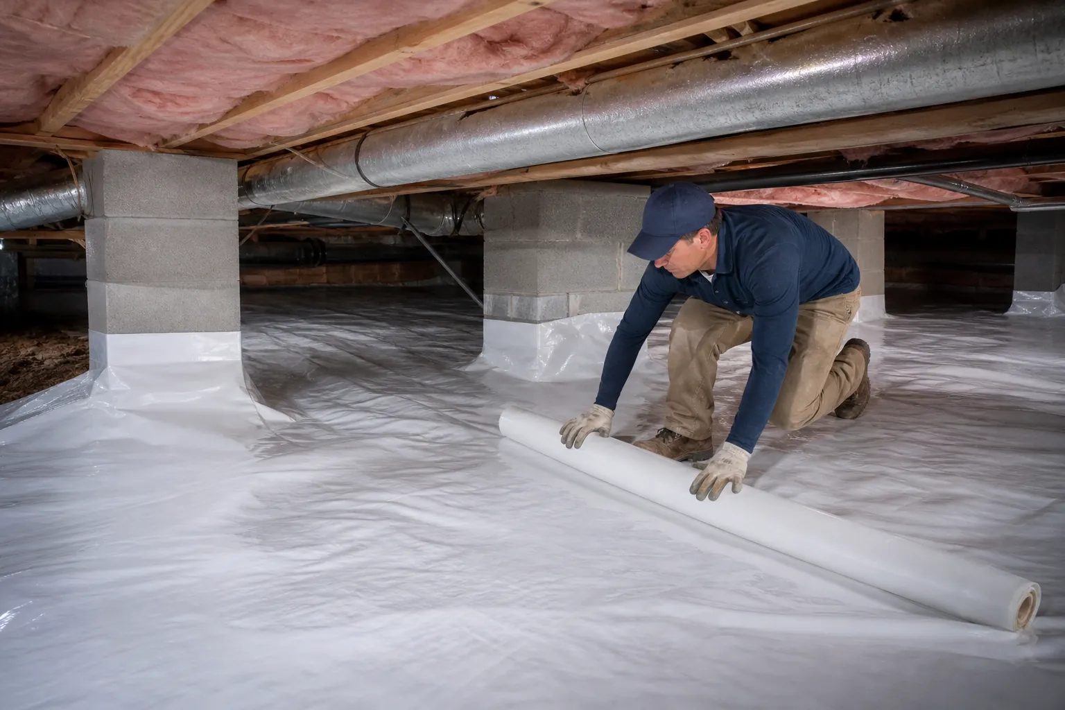 A kneeling worker unrolls a white vapor barrier in a crawl space beneath insulated wood joists, metal ducts, and concrete piers.